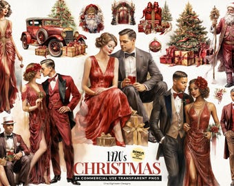 1920s Christmas Clipart, Roaring Twenties, 24 Art Deco PNGs, Digital Download