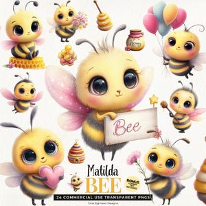 May include: A collection of adorable cartoon bees with large eyes, wings, and various accessories. Some bees hold honey pots, balloons, and signs that say "Bee" and "Honey". The image has a soft, pastel color palette and the text "Matilda BEE" is visible.