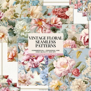 Paquete de papel digital con estampado floral vintage sin costuras, papel de álbum de recortes imprimible, páginas de diario basura, diseños florales atemporales