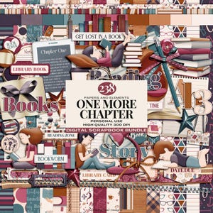 Op de afbeelding: Een digitale scrapbook papierbundel met een boekthema. De papieren hebben een verscheidenheid aan kleuren, patronen en texturen, waaronder rood, blauw, bruin en wit. De papieren zijn versierd met afbeeldingen van boeken, sterren en andere boekgerelateerde elementen. De tekst "One More Chapter" is in een groot lettertype weergegeven.