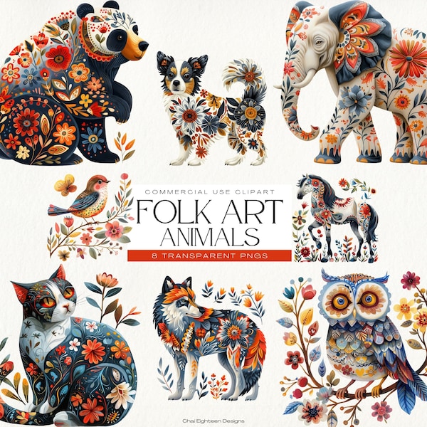 Folk Art Animal Clipart, Scandinavian Folk Art, Nordic Art, Swedish Design, Rustic Pattern, Unique Animals, Commercial Use, INSTANT DOWNLOAD