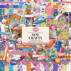 May include: A digital scrapbook bundle titled "Sew Crafty" with various sewing and crafting elements. The image includes sewing machines, crochet hooks, spools of thread, buttons, and text labels like "crochet" and "knitting". The color palette is vibrant, featuring pinks, blues, and oranges.