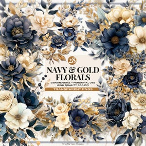 Navy and Gold Flowers Clipart Png Bundle, Elegant Florals Clip Art Png Pack, Watercolor Floral Png, Blue and Gold Wedding Flowers Clipart