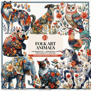 Clipart animaux d'art populaire, art folklorique scandinave, art nordique, design suédois, motif rustique, animaux uniques, usage commercial, téléchargement immédiat