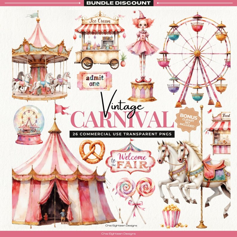 Vintage Carnival Clipart & Digital Paper Bundle: Watercolor Circus ...