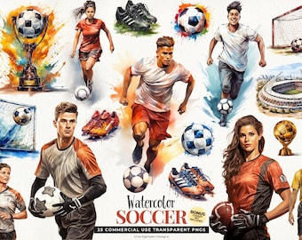 Clipart di calcio ad acquerello: giocatore di calcio in formato PNG, scarpe, pallone, stadio, download digitale