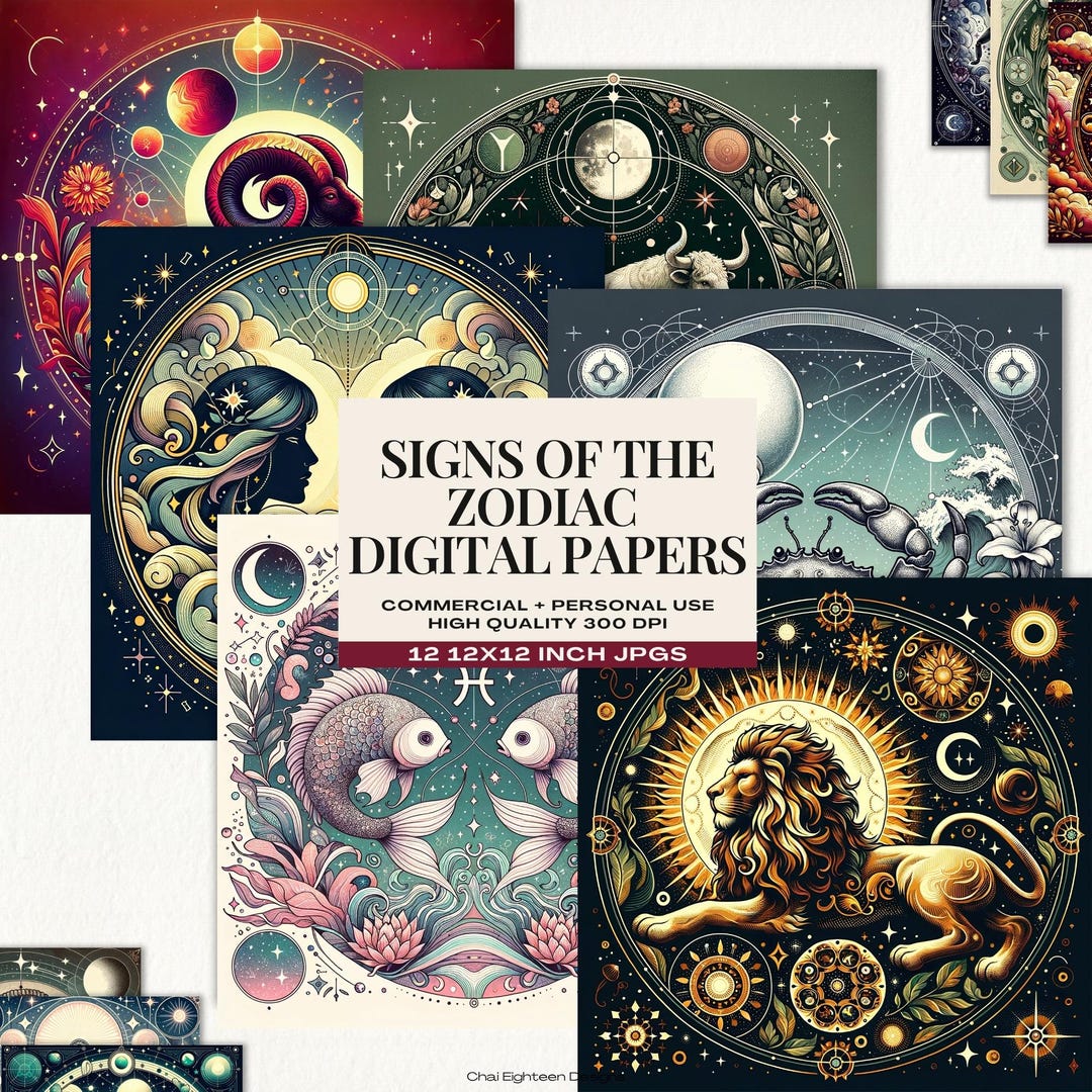 Zodiac Themed Digital Paper Pack, Astrology Scrapbook Jpg Backgrounds ...