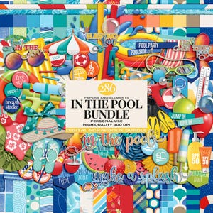 May include: A digital scrapbook bundle with 286 papers and elements for crafting projects. The theme is "In the Pool" and features colorful illustrations of pool toys, watermelons, and other summer fun. The bundle includes high-quality 300 DPI images.