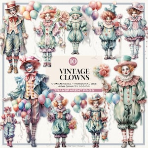Vintage Clown Akwarela Clipart Clown Ilustracja Vintage Carnival Clipart Cyrk Tematyczne Dzieci Urodziny Zaproszenie Cyrk Party Décor