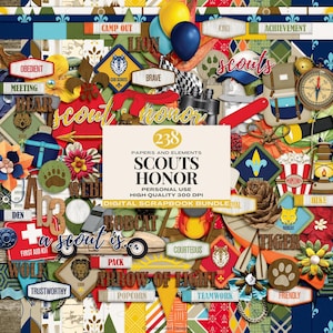 May include: A digital scrapbook bundle named "Scouts Honor" with 238 papers and elements. The image displays scout-themed graphics such as badges, a compass, a backpack, and text like "Brave" and "Teamwork". The colour scheme includes blues, greens, and reds.