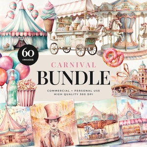 Bundle pastel de papiers et cliparts carnaval, papiers numériques aquarelle cirque vintage, png rose de fête foraine pour travaux manuels, invitations et décoration
