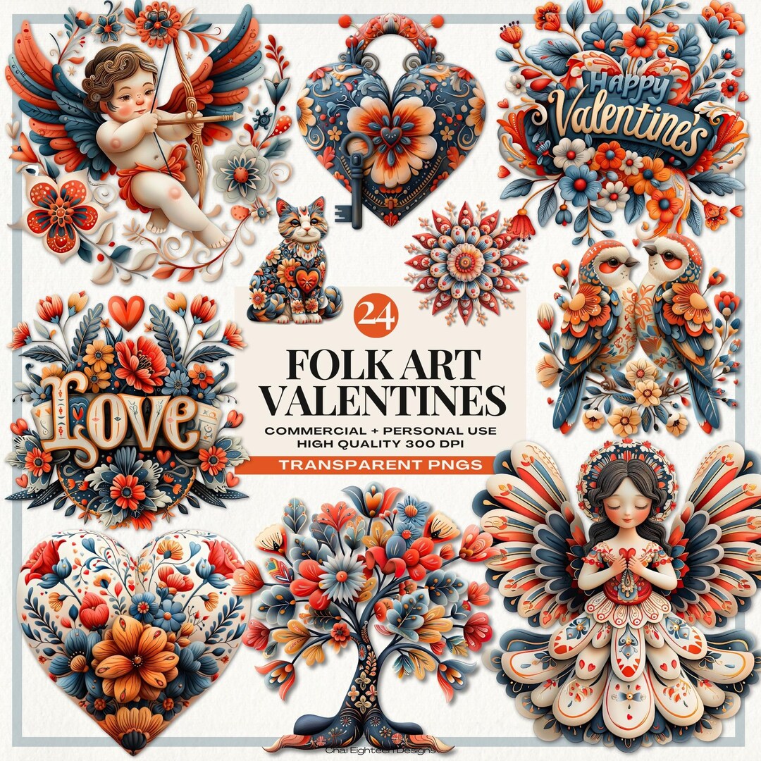 Watercolor Valentines Day Clipart, Folk Art Png Bundle, Cute Cupid ...