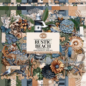 May include: A digital scrapbook bundle with a rustic beach theme. The image features various decorative elements, including flowers, seashells, a lighthouse, and butterflies. The text on the image reads "Rustic Beach" and "Digital Scrapbook Bundle."