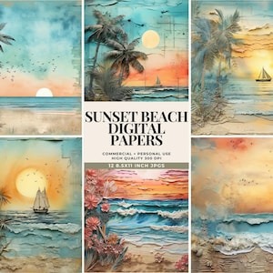 Fondo digital de puesta de sol en el océano, papel para álbum de recortes costero, paquete de papel imprimible de playa con puesta de sol tropical, ilustración de diario basura de playa de verano