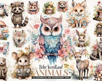Woodland Animal Clipart: 45 Boho Forest Nursery Decor, INSTANT DOWNLOAD