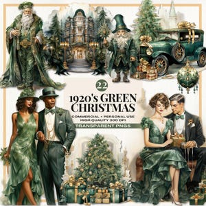 Fiesta del Gran Gatsby de los años 20 PNG, diseños festivos de los locos años veinte, Navidad verde vintage de los años 20 PNG, elementos festivos de la era del jazz