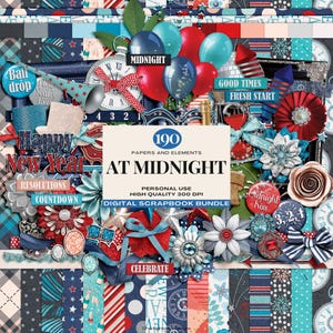 Collection d'albums numériques At Midnight, papiers numériques pour le réveillon du Nouvel An, pack d'albums scrapbooking festif pour le Nouvel An, invitation et décoration pour la fête du Nouvel An