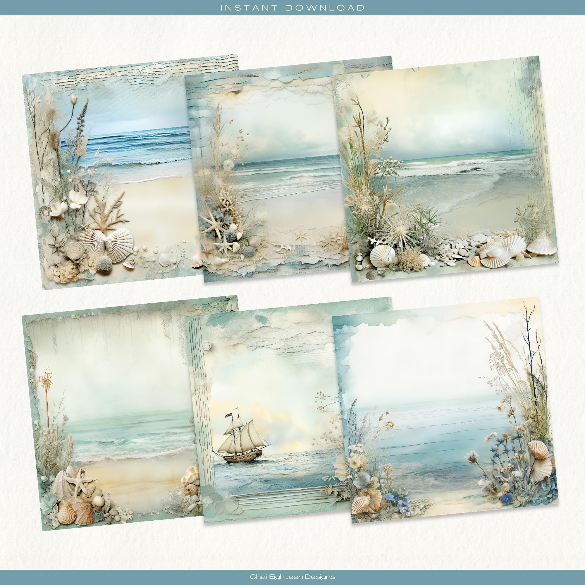 Vintage Coastal Beach Digital Papers, Ocean Scrapbook Backgrounds ...