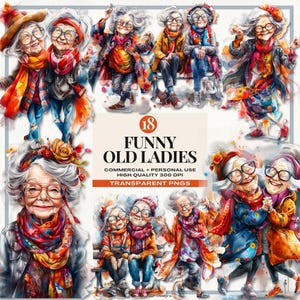 Clipart drôle de vieilles dames, aquarelle dessin animé grand-mère png, joyeux grand-mère Clipart, clipart fou vieille dame, usage commercial, téléchargement immédiat