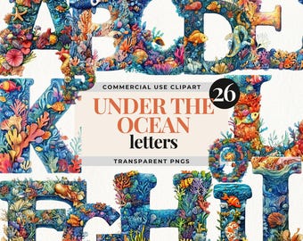 Under the Ocean Alphabet PNG, Coral Reef Letters Clipart, Sea Life Font, Sea Creature Nursery Decor, Nautical Letters, Underwater Sea Life