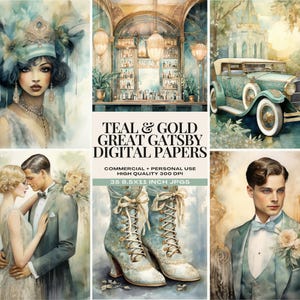 Groenblauw en goud junk Journal, Roaring Twenties Art Journal Pages, Great Gatsby Papers, digitale kortstondige jaren 1920, vintage art-decographics