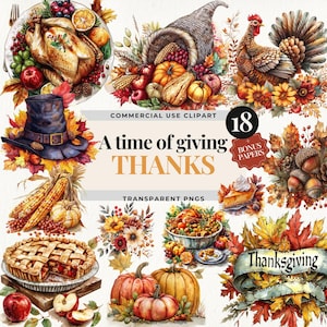 Paquete de imágenes prediseñadas de Acción de Gracias, ilustraciones de comida de Acción de Gracias, temporada de gratitud, gráficos de otoño y papeles digitales adicionales con temática de otoño.