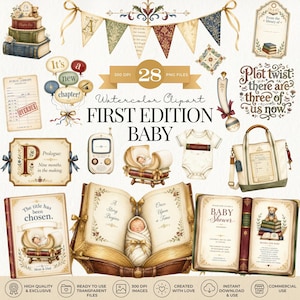 Puede incluir: Una colección de ilustraciones en acuarela que incluye una pila de libros, banderines, una ficha de biblioteca, globos, un vigilabebés, una cuna, un body, un bolso y libros abiertos con textos como First Edition Baby y Plot twist there are three of us now.