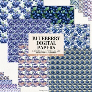 Watercolor Blueberry Digital Paper Pack, Blueberry Printable Patterns, Fruit Themed Scrapbook Backgrounds, Cottagecore Blueberry Patterns