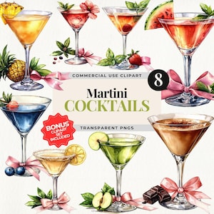 Martini cocktailglazen clipart, aquarel drankjes illustraties, fruitcocktail png, feestdrankjes menu afdrukbaar, Girls Night Out decor