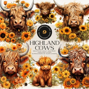 Sonnenblumen Highland Kühe Sammlung Clipart, Aquarell Frühlingsblumen, Baby Kuh Clip Art, Frühlingsgarten Png, Bauernhof Tier Illustrationen