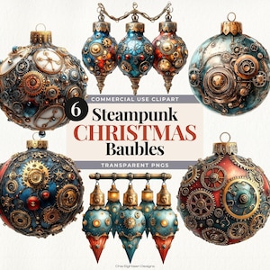 Vintage Christmas Tree Decorations Clipart, Xmas Steampunk Ornaments Clipart, Retro Christmas Baubles PNG Digital Download, Steampunk Décor