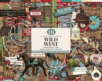 Digital Scrapbook Bundle: Rustic Wild West, Cowboy Theme, Western Country Clipart, Instant Download