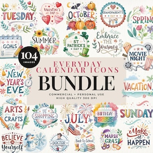 Clipart di icone Happy Planner, adesivi per planner giornalieri, design stagionali per scrapbooking, grafica doodle carina per journaling e artigianato
