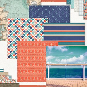 Cruise vacation digital scrapbook pack with luggage, sea adventure elements, and sailing-inspired designs for creative projects.