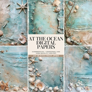 Vintage Ocean Digital Paper Pack, Beach and Seashell Background Textures, Digital Download