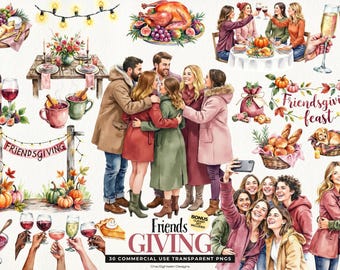 Friendsgiving Clipart, Watercolor Thanksgiving Dinner, Autumn and Fall Digital Download