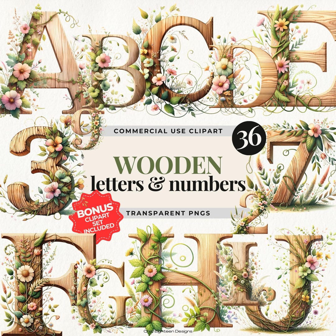 36 Wooden Letters and Numbers PNG Bundle, Floral Alphabet Clipart ...