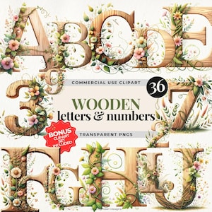 Paquete de 36 letras y números de madera PNG, clipart de alfabeto floral, gráficos de fuentes de madera rústica, sublimación de letras florales, clipart adicional