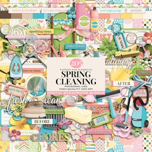 Lot de scrapbooking numérique pour le grand ménage de printemps, clipart blanchisserie et entretien ménager, ensemble de rangement pour la maison bien rangé, kit de journal pour les tâches ménagères