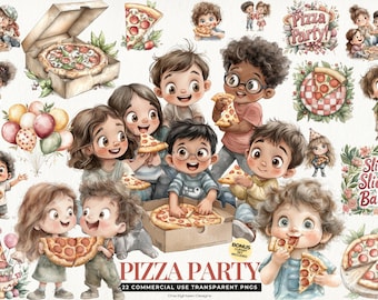 Watercolor Pizza Party Clipart PNG, Cute Kids Eating Pizza Illustrations, Italian Food Graphics, Pizza Lovers Invite, Cartoon Kids Designs