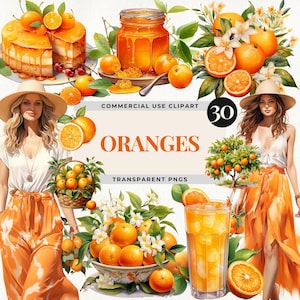 Ensemble orange de cliparts PNG, agrumes et mode estivale, graphismes de jus de fruits frais et de desserts, décoration de douche nuptiale d'été, fleur d'oranger