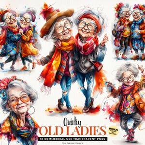 Funny Old Ladies Clipart, Watercolor Cartoon Grandma png, Cheerful Granny Clipart, Crazy Old Lady Clipart, Commercial Use, INSTANT DOWNLOAD