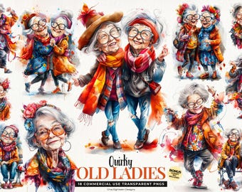 Funny Old Ladies Clipart, Watercolor Cartoon Grandma png, Cheerful Granny Clipart, Crazy Old Lady Clipart, Commercial Use, INSTANT DOWNLOAD