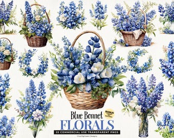 Bluebonnet Watercolor Clipart: Floral Bouquet & Wreath (22 PNG Files)