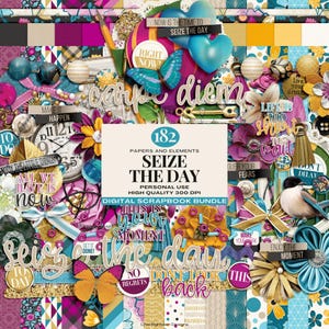 Puede incluir: Un paquete de álbum de recortes digital con un collage de elementos decorativos. El diseño presenta mariposas, flores, corazones y citas inspiradoras como "Seize the Day" y "Enjoy the Moment". La paleta de colores incluye tonos de rosa, turquesa, dorado y morado.
