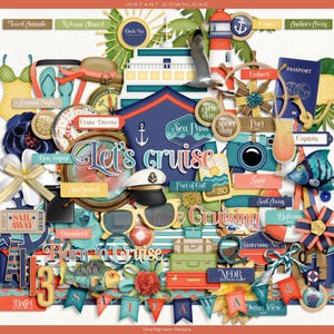 Travel and ocean-themed scrapbooking bundle with high-quality clipart, cruise ship graphics, and tropical accents.