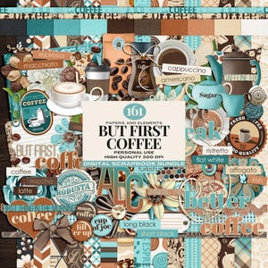 Papiers numériques sur le thème du café | Kit de scrapbooking numérique But First Coffee | Illustrations de café du matin | Junk Journal Coffee Ephemera
