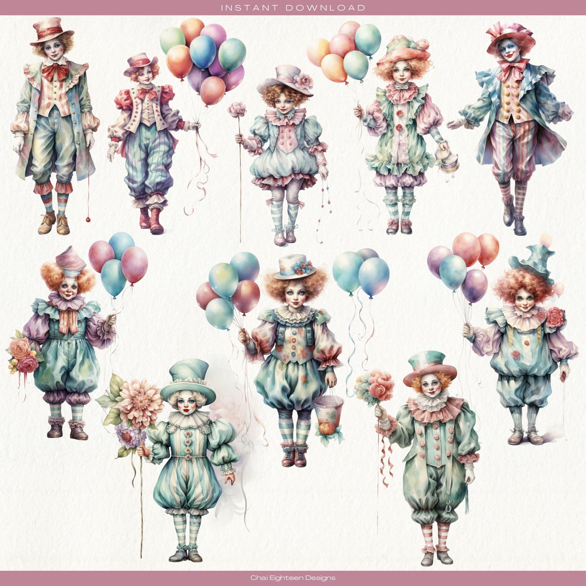Vintage Clown Watercolor Clipart Clown Illustration Vintage Carnival ...