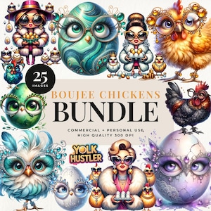 Lot de cliparts poulets boujee, illustrations d'oiseaux originaux, clipart ferme excentrique, graphismes chics de ferme, dessins de poule drôles, cliparts BONUS