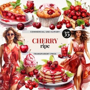 Kirsche Clipart Png-Bundle, Sommer Obst Geburtstag einladen Dekor Download, Mode Mädchen Clipart, Aquarell Obstkorb Digitale Clip Art